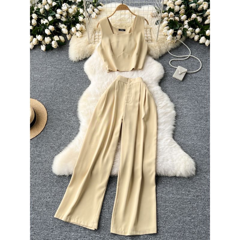 Fashion Niche Style Anti-Aging Outfits Women's Short Crop Top Sleeveless Vest Tops + High Waist Wide Leg Leisure Suit Pants