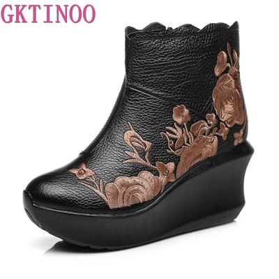 GKTINOO Stivali Ricamati Fatti a Mano per Donna Scarpe alla Caviglia in Vera Pelle Scarpe da Donna con Plateau Vintage Punta Tonda Stivali Zeppa