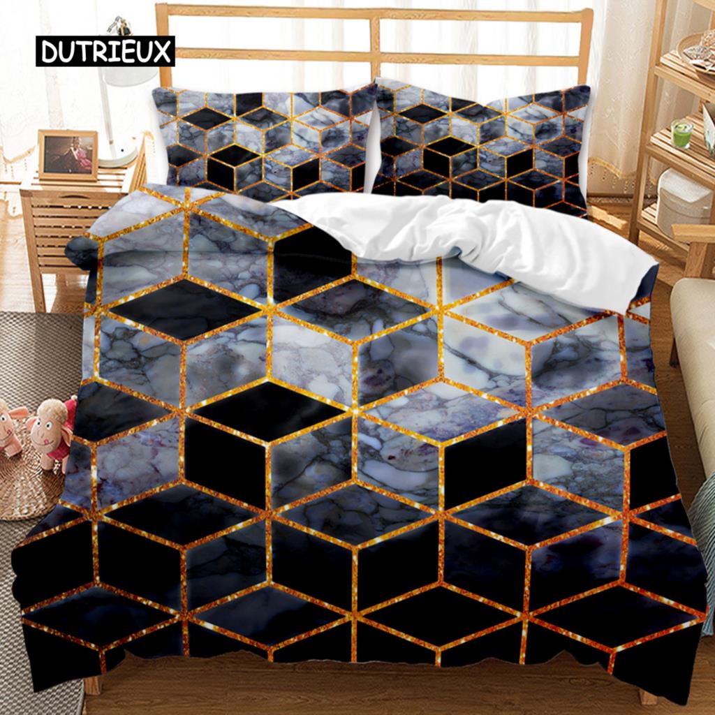 Marble Duvet Cover Set Black White Gold Abstract Marble Texture Printed Black White Double Queen King Size Polyester Bedding Set