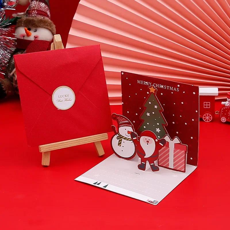 3D Pop Up Cartoon Christmas Card Merry Christmas Greeting Card Handwritten Blessing Invitation Cards Thanksgiving New  Gifts