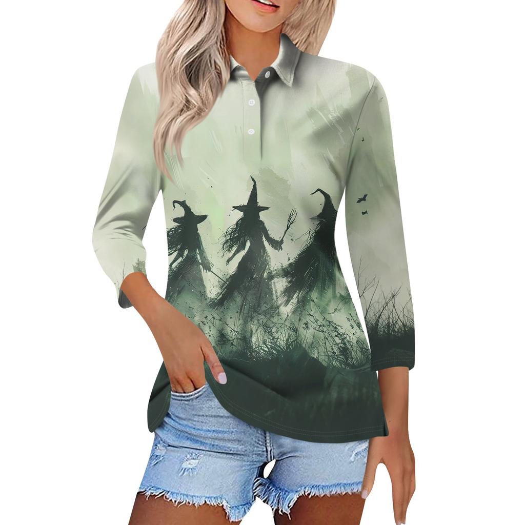 Women's Fashion Casual Lapel Short 3/4 Sleeve Halloween Print Shirt Women's Button Up Tops