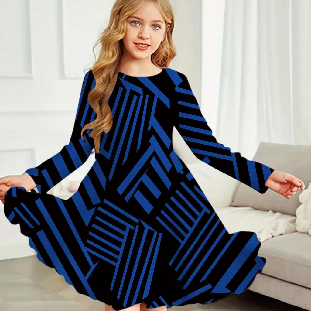 Girl Casual Black and White Squares Print Round Neck Long Sleeve Dress Kid Princess Dress