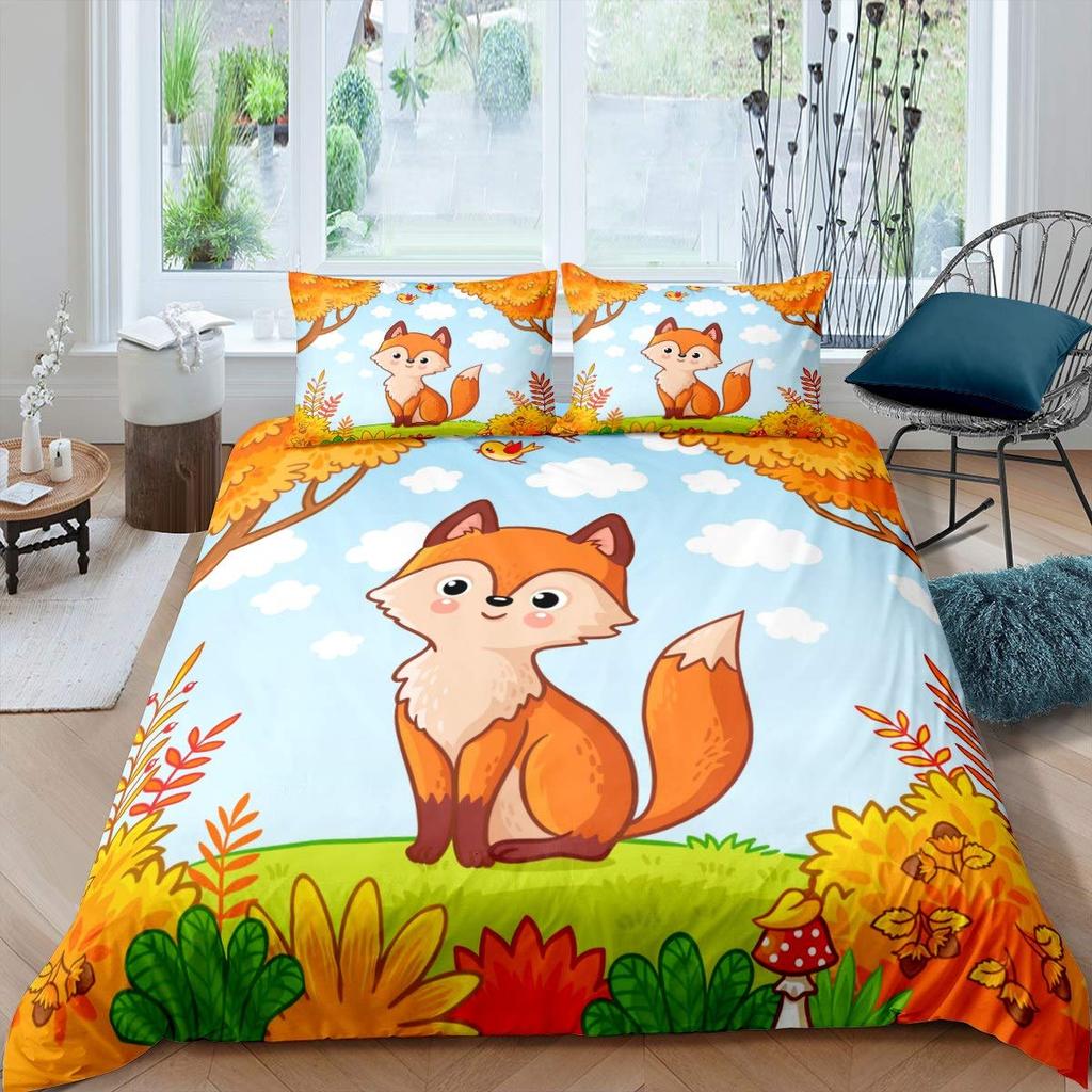 Girls Cartoon Fox Duvet Cover Set Cute Fox Bedding Set Kawaii Animals Comforter Cover Botanical Floral Bedspread Cover Full Size