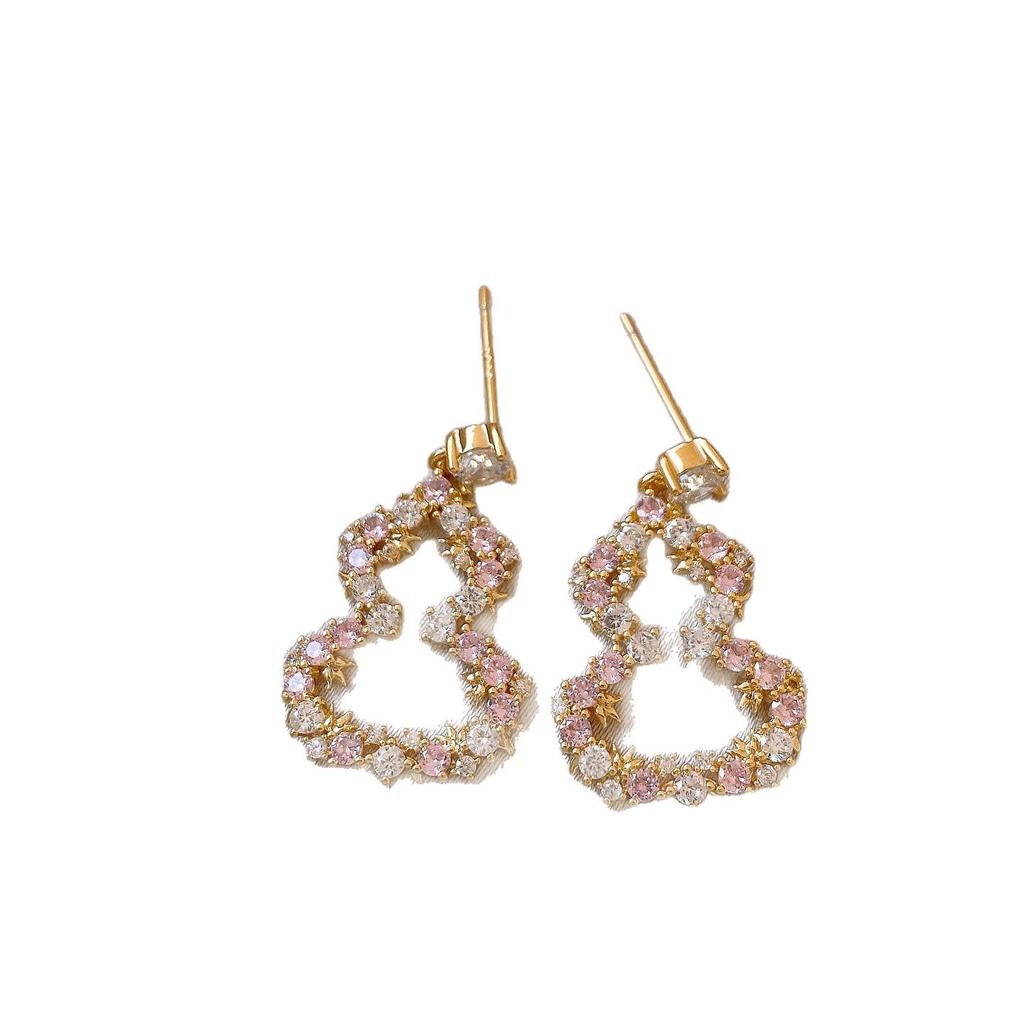 Silver Needle Inlaid Diamond Gourd Earrings - Luxurious Chinese Style, Versatile and Elegant Fashion Accessories