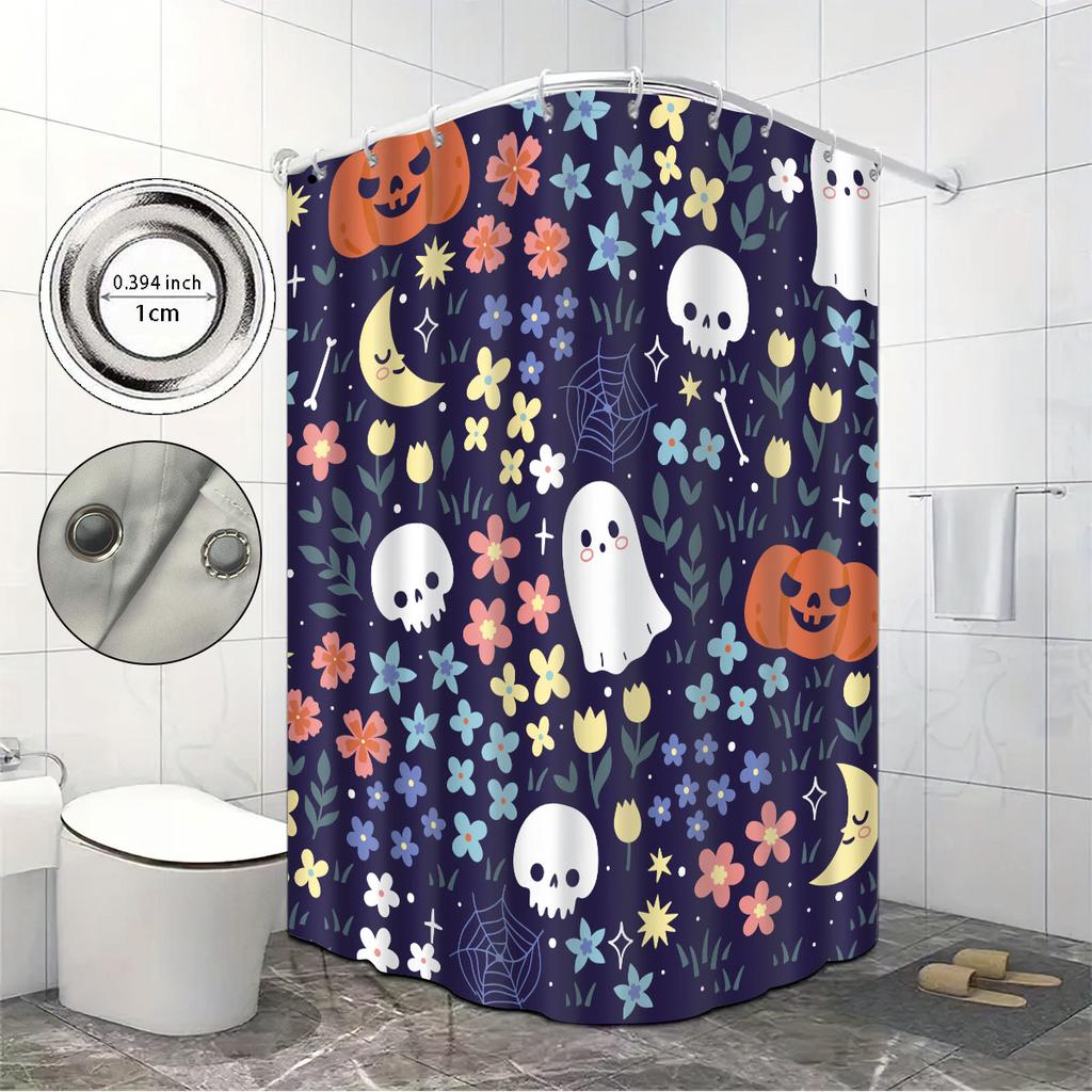 1Pc Halloween Colored Ghost Print Waterproof Shower Curtain Bathroom Partition Privacy Multiple Sizes 12 Hooks Easy To Install