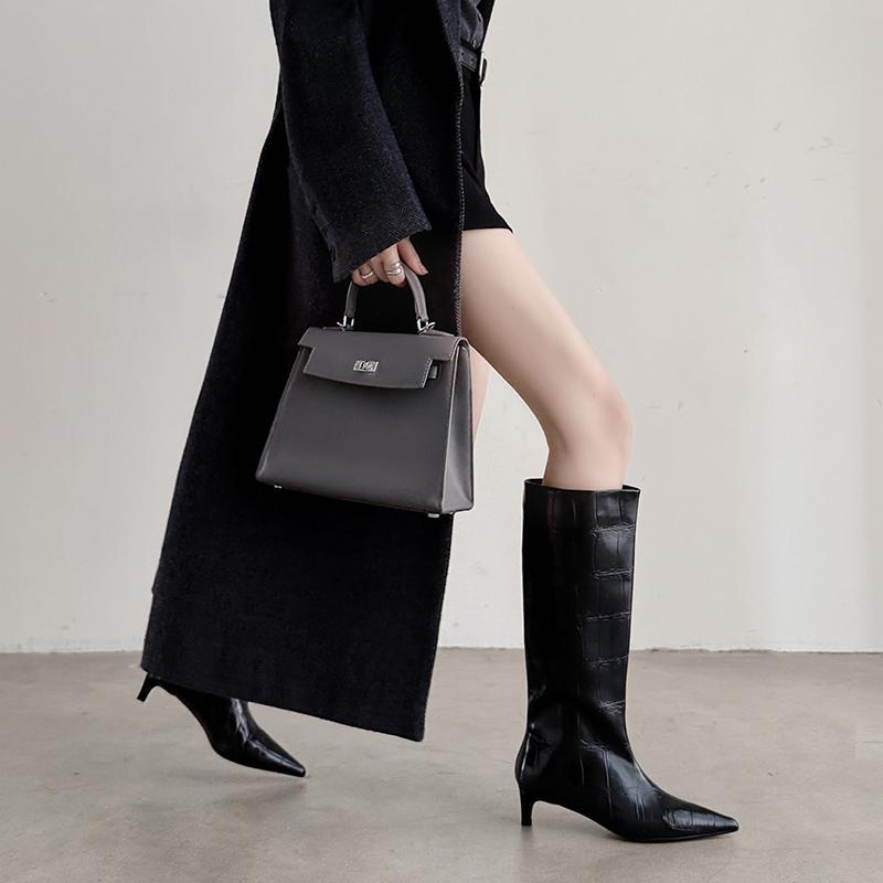 Fashion 2025 Autumn Women Boots Split Leather Women Shoes Pointed Toe Thin Heel Slip-on Knee High Boots Western Modern Ladies Boots