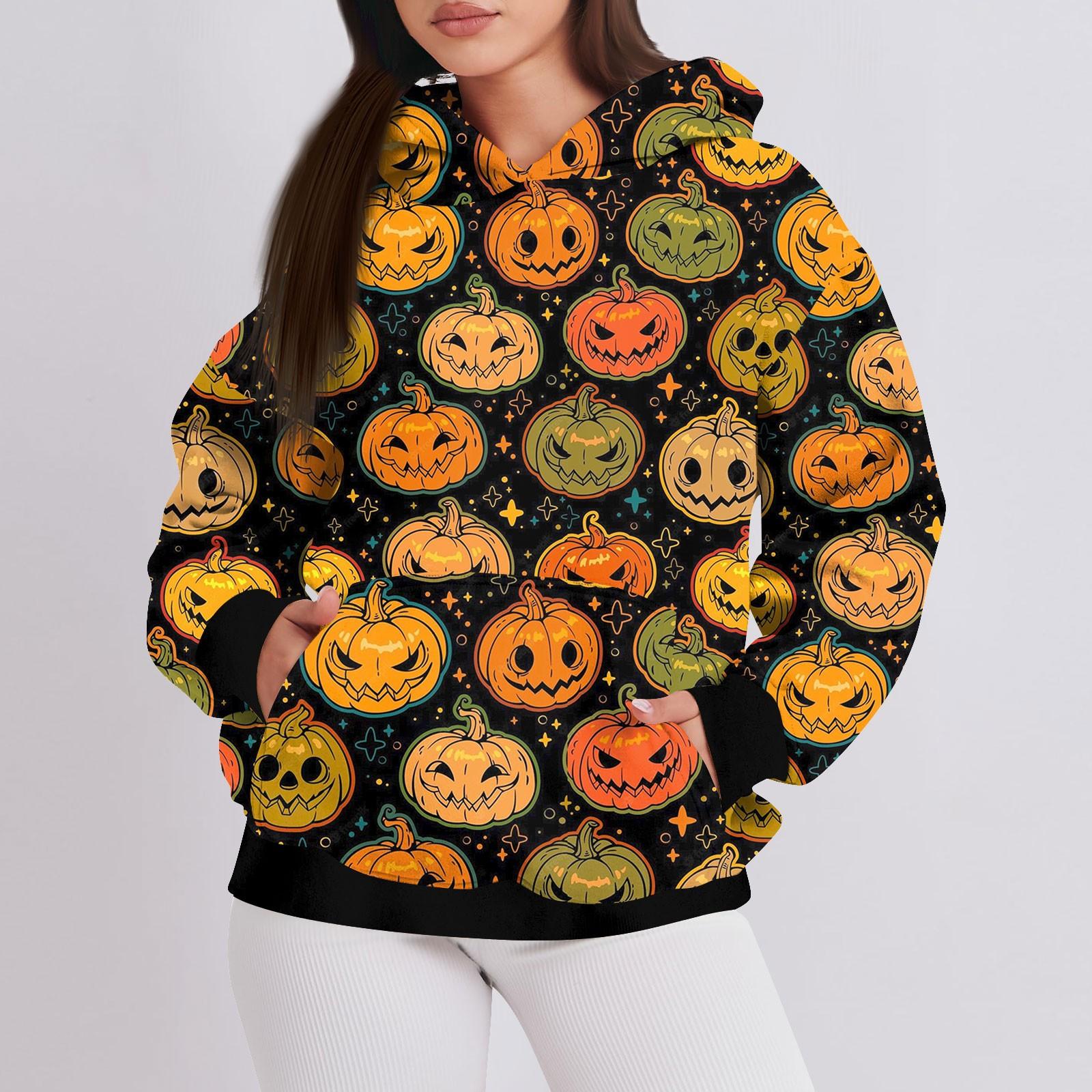 

Женская мода повседневный пуловер с капюшоном толстовка с длинным рукавом с принтом на Хэллоуин XL жёлтый