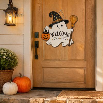 Seasonal Home Accents Halloween Wooden Ghost Welcome Sign for Front Door, Rustic Cartoon Hanging Trick or Treat Plaque with Pumpkin Wizard Hat