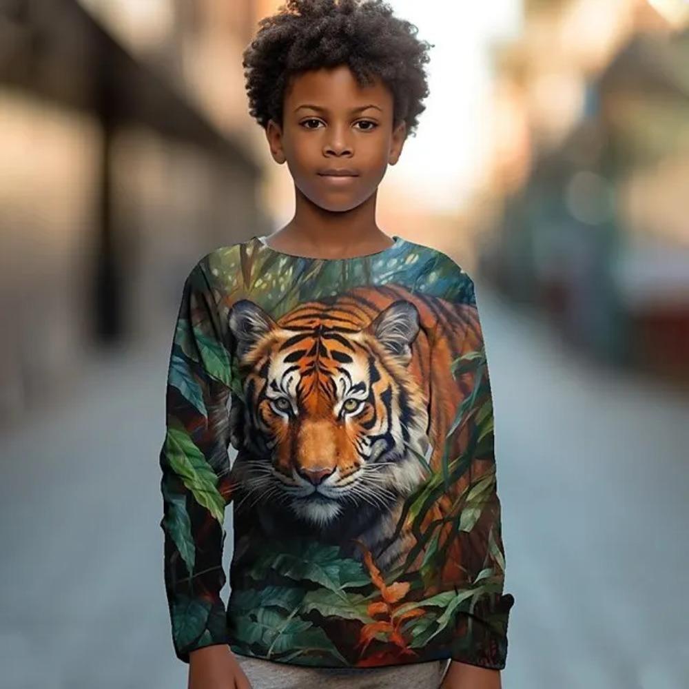 Children's Cute Animal Series 3D Digital Printed Boy Hip Hop Personality Round Neck Long Sleeved T-shirt