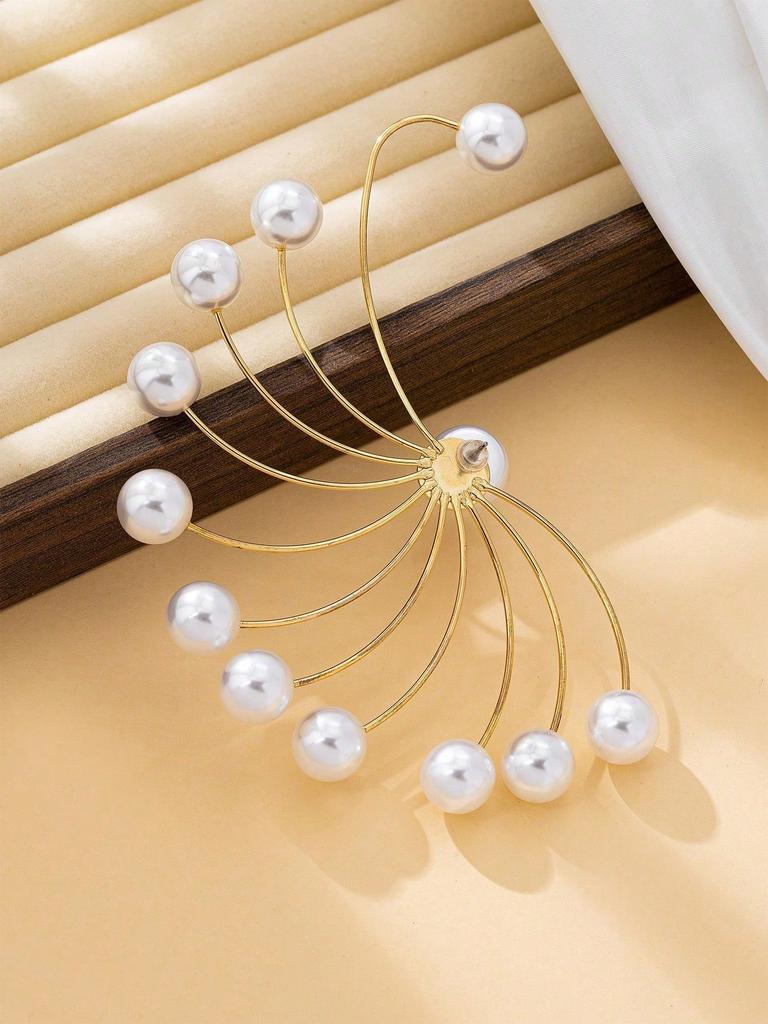 2pcs Geometric Fan-Shaped Pearl Earrings For Women, Simple And Exaggerated Earrings, Fashionable Earrings Accessories