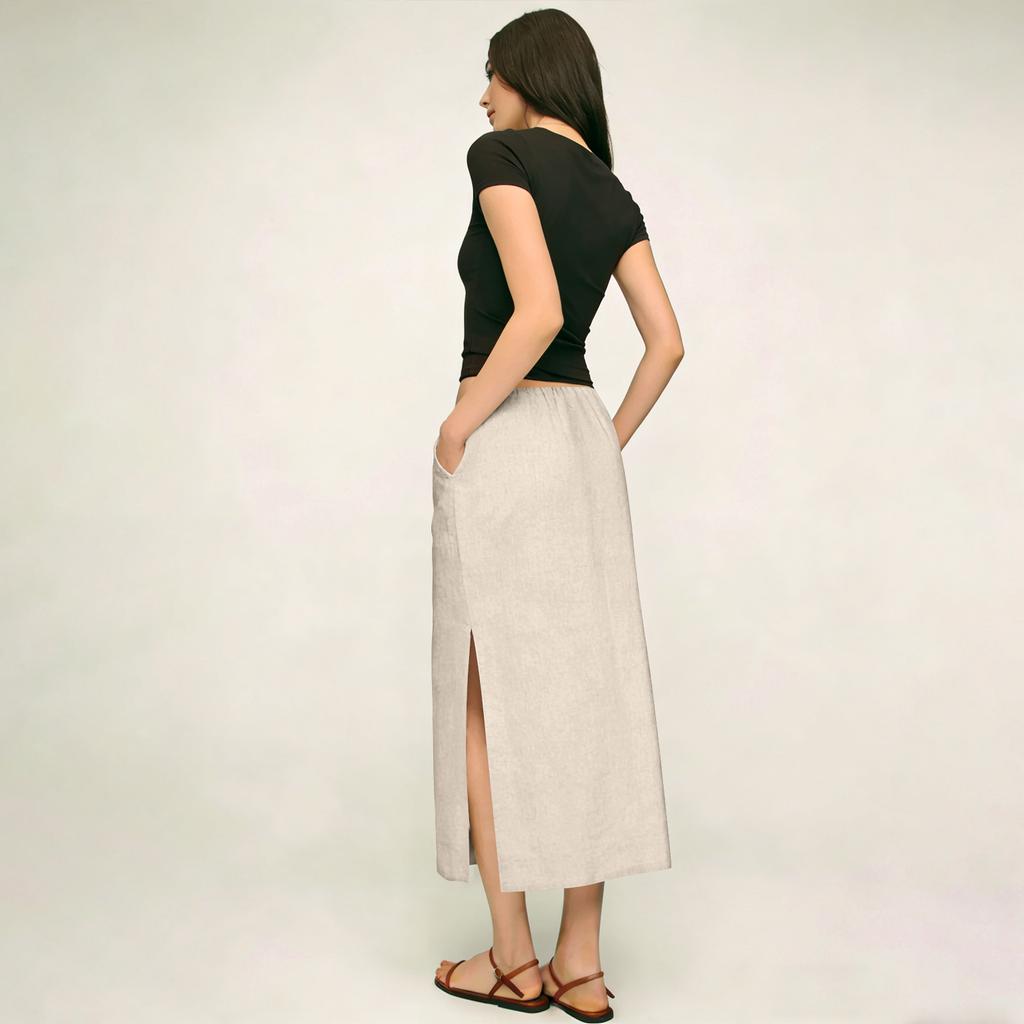 Women Casual Cotton Linen Midi Skirt with Side Slit Drawstring Waistband Simple Solid Style Suitable for Daily Wear