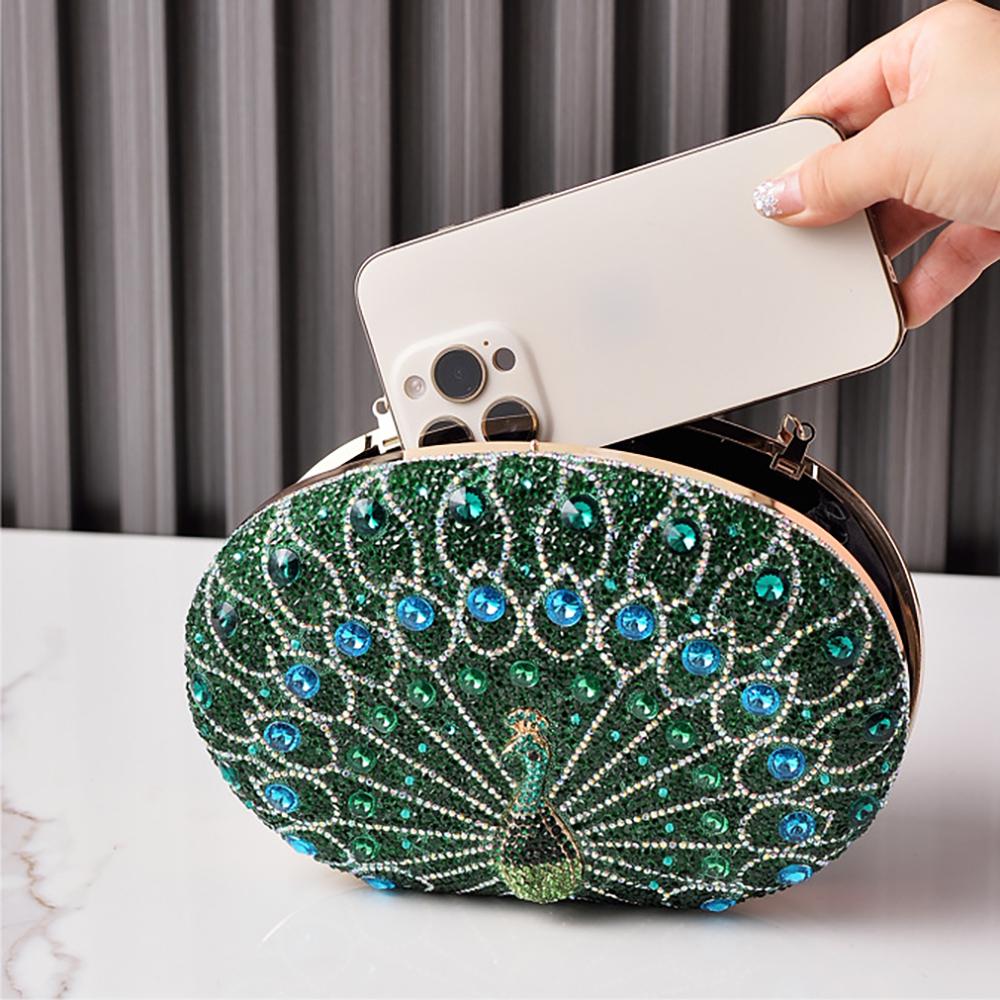 Green Peacock Woman Bags Diamond Vintage Party Evening Handbag Crossbody Shoulder Bag for Ladies Bling Luxury Designer Purses