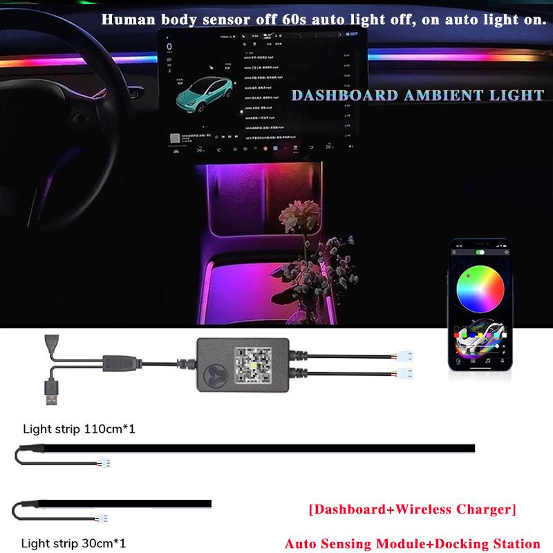 For Tesla Model 3 Y 64Colors RGB Neon LED Center Console Dashboard Wireless Charging Light Ambient Lamp USB Power APP Controller