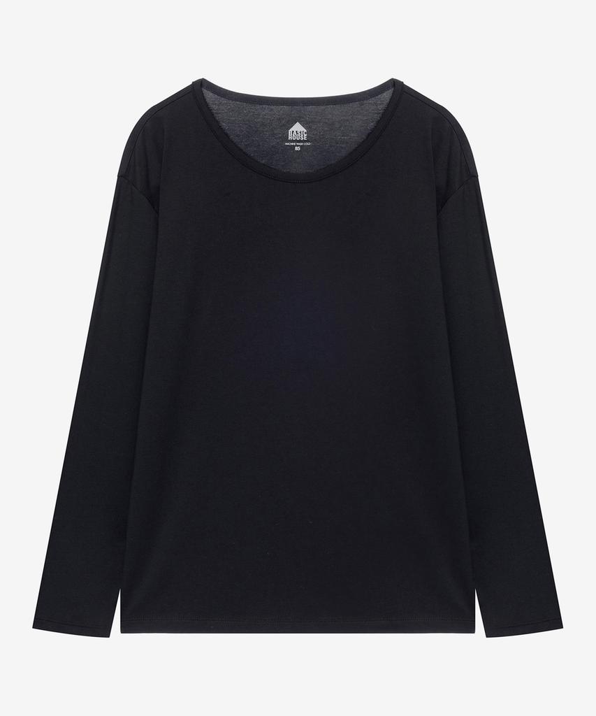 BASIC HOUSE Women'S Flowy Spandex U-Neck Oversized Long Sleeve T-Shirt Black