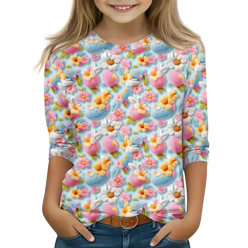 Print Tops For Youth Girls Round Neck 3/4 Sleeves T-Shirts Trendy Tops Outfit Tees
