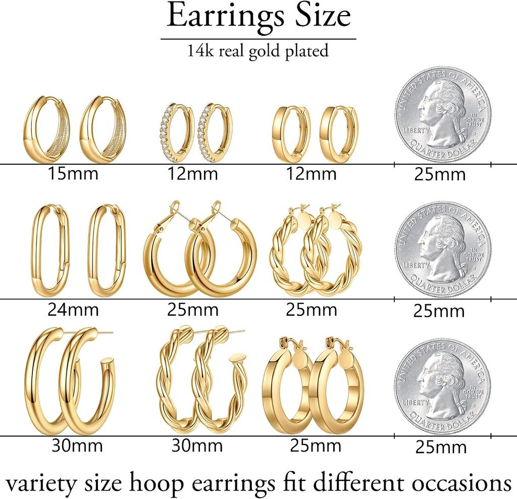 Yesteel 9 Pairs Gold Hoop Earrings for Women,Gold Plated Chunky Hoop Earrings Set for Women Hypoallergenic Thick Lightweight Earring for Womens