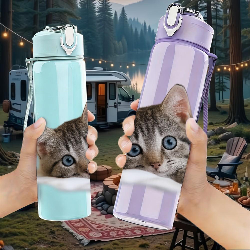 1PC Tiny Kitten Half Asleep 750ml Color Plastic Sports Water Bottle Leakproof Flip Straw Lid Suitable for Sports Office Home Use