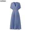 VONDA Women Elegant V Neck Pleated Midi Dress Short Sleeve High Waist A Line Office Style Sundress