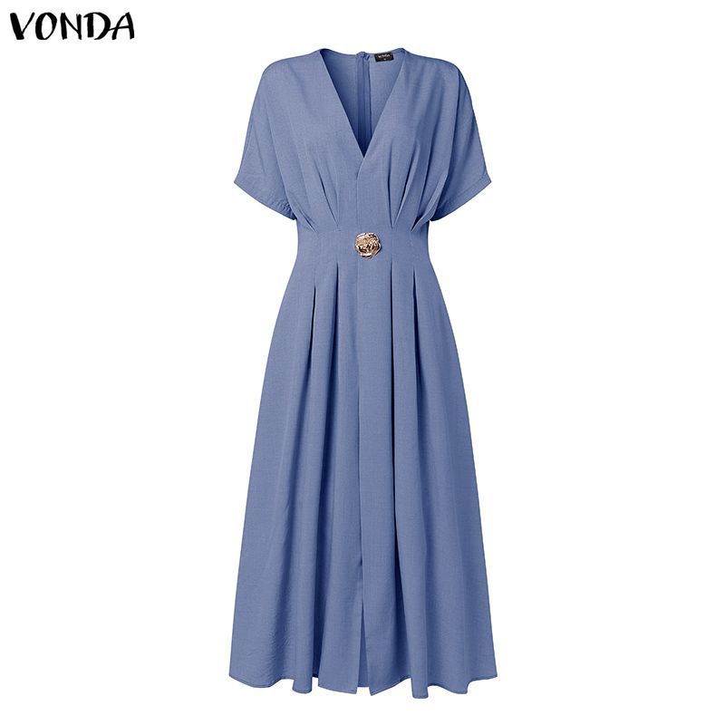 VONDA Women Elegant V Neck Pleated Midi Dress Short Sleeve High Waist A Line Office Style Sundress