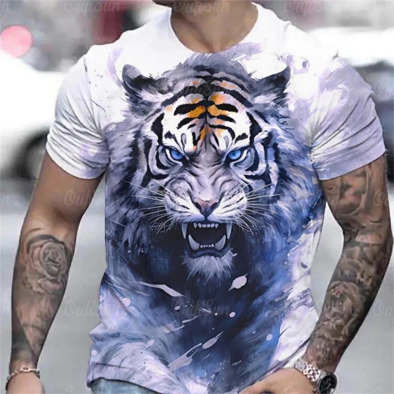 Tiger Print T-Shirt 3D Animal Men's Shirts Summer Short Sleeved Male Pullover Oversized T-shirts Casual Tops Tees Men Clothing