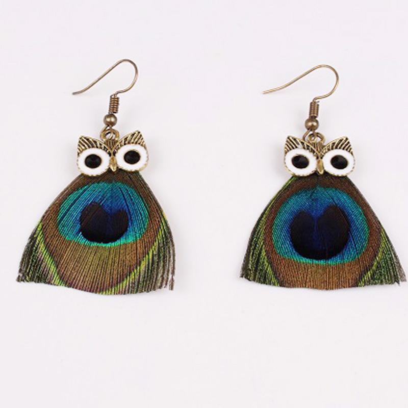 Vintage Cartoon Owl Peacock Feather Long Tassel Earrings Bohemian Ethnic Vacation Jewelry For Women