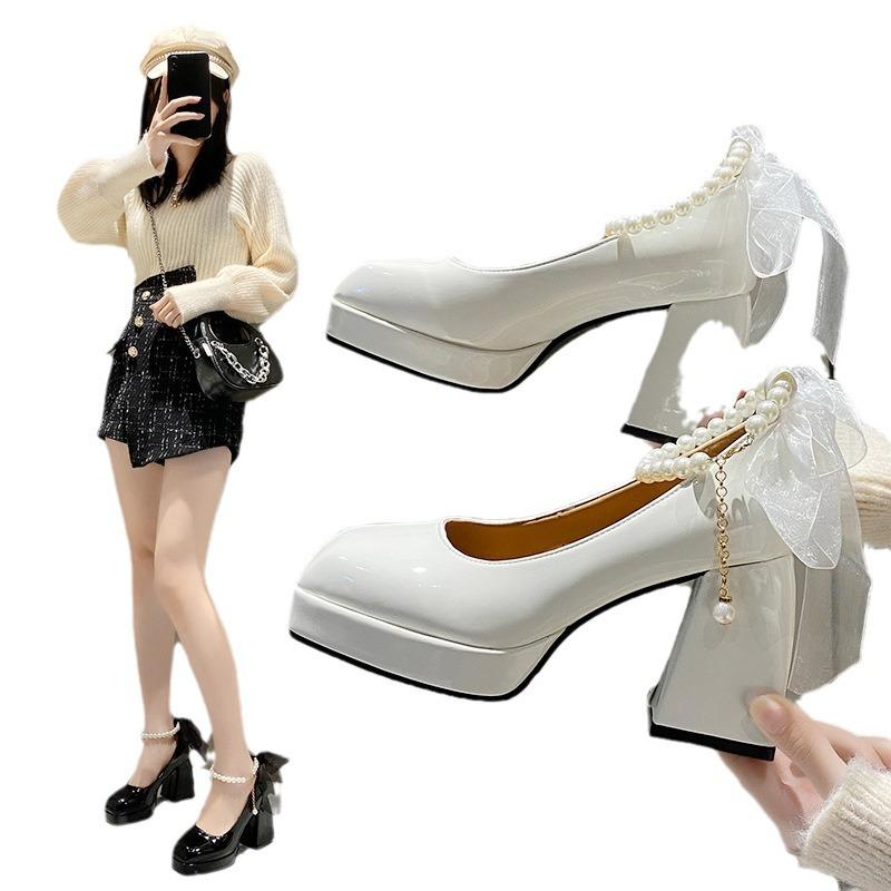 High-Heeled Small Leather Shoes Women'S Winter White French Wedding Shoes Retro Thick-Heeled Thick-Soled Raised Mary Jane Shoes