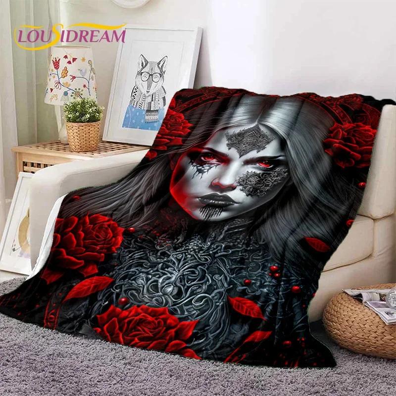 Totenkopf Totes Mädchen 3D Gothic Horror Weiblich Rose Weiche Flanelldecke für Betten Schlafzimmer Sofa Picknick, Überwurfdecke zum Zudecken Freizeit
