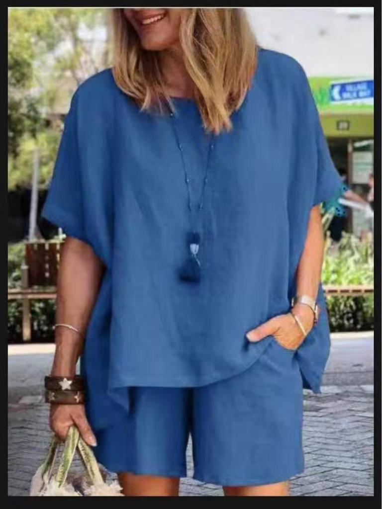 2022 Spring/Summer Fashion: Cotton Linen Two-Piece Set – Loose Short-Sleeved Top and Shorts.