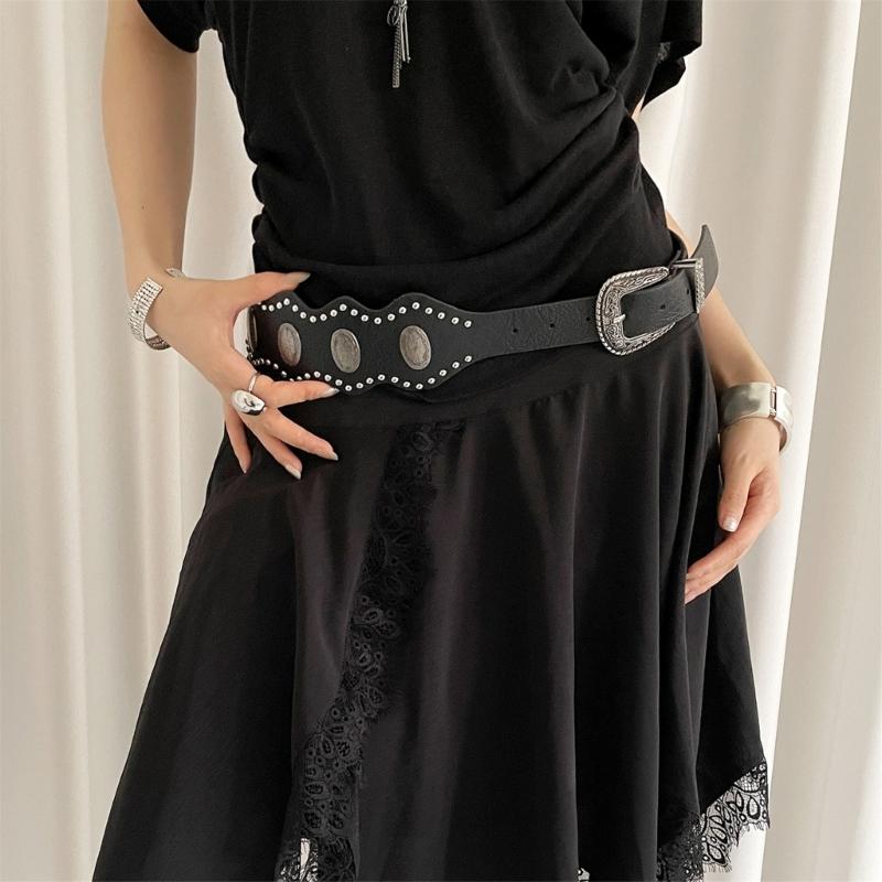 Unique Charm Wide Waist Sash PU Leather Waist Belt with Irregular Studs Feature Adjustable Waistband for Women