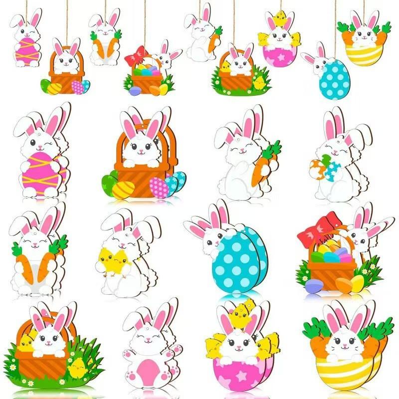 Easter Wooden Ornaments Fashion Happy Bunny Easter Eggs Dwarf Bunny Wooden Pendant