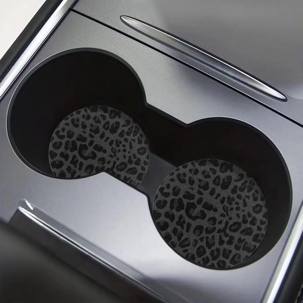 Car Cup Holder Coasters, 2 Pack Universal Auto Anti Slip Ert Coaster with A Finger Notch, Cute Car Assecories for Women - Black Leopard Print