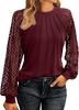Women's Fashionable Long Sleeve Tops Lace  Ruched T-Shirt Solid Round Neck Blouses Casual Top