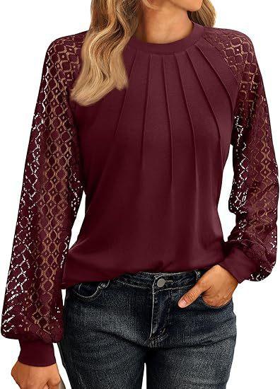 Women's Fashionable Long Sleeve Tops Lace Ruched T-Shirt Solid Round Neck Blouses Casual Top