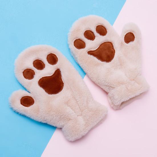 1 Pair Women Winter Mittens Cartoon Cat Paw Shape Thick Plush Anti-slip Heat Retention Outdoor Skiing Cycling Gloves