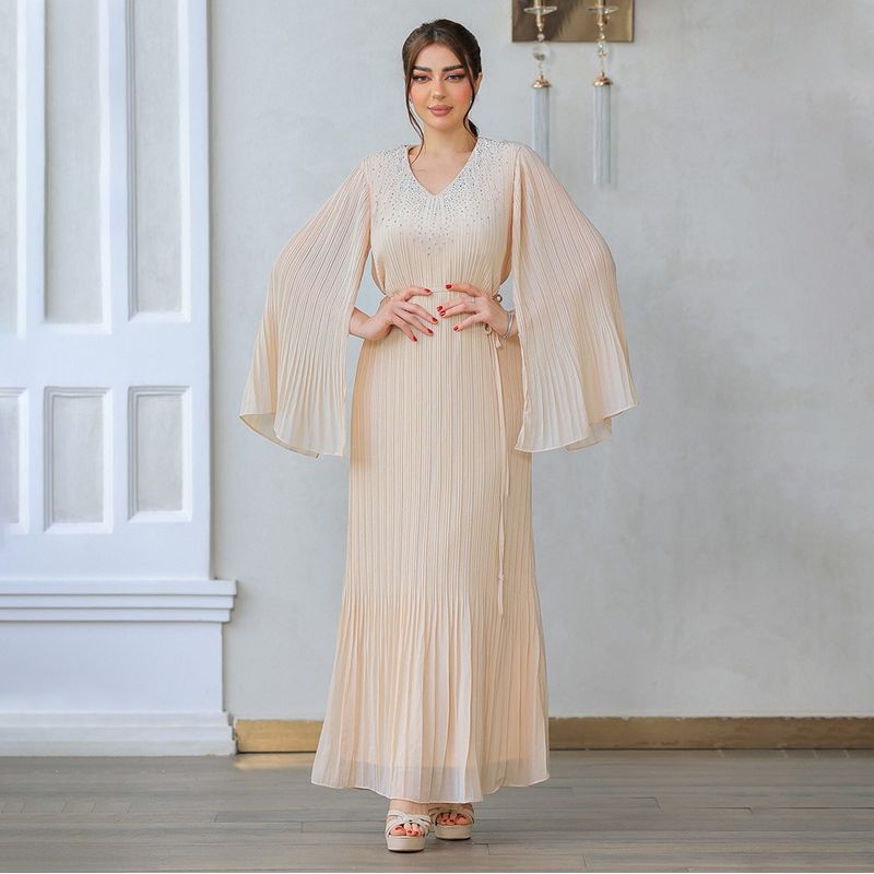 

Cross-Border Middle East Slimming Pleat Women clothes Dubai Arab Robe Hot Drilling Shawl Sleeve Belt Dinner Party Formal Dress Long dress Light beige 2XL