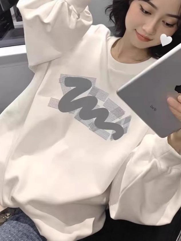 Women's Fleece-Lined Crew Neck Sweatshirt, Long Sleeve, Thin & Loose, for Spring and Autumn, Junior & High School Students, No Hood.