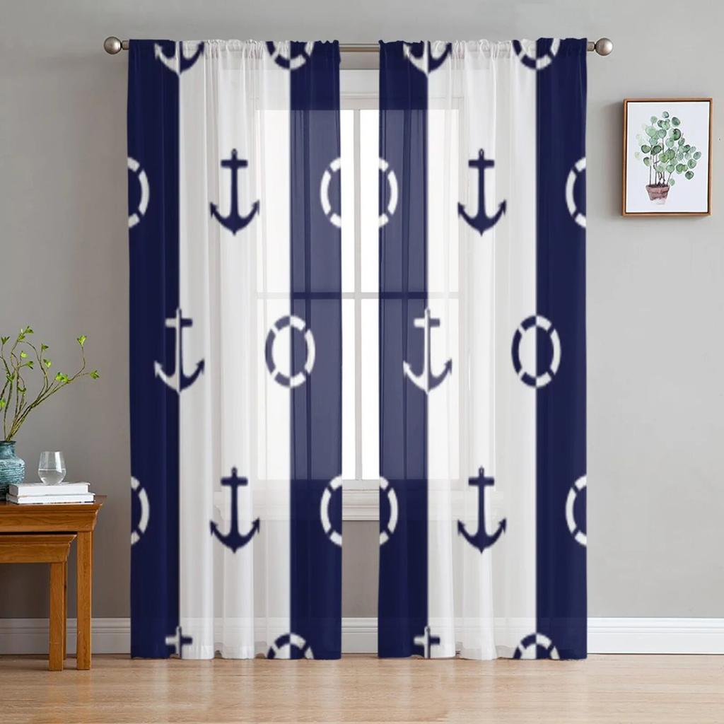 Blått ankare stänkfärg skir gardin för sovrum tyll voile gardin för kök vardagsrum dekor fönsterbehandling