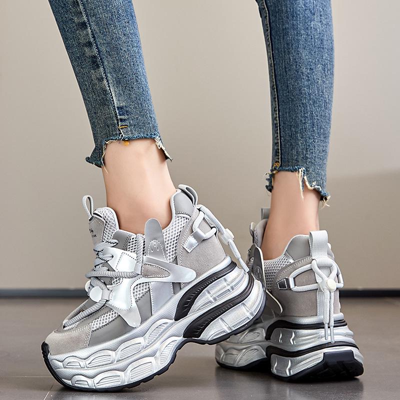 Women's Breathable Chunky Sneakers - 12cm Platform, Mesh, Small Size, A8951