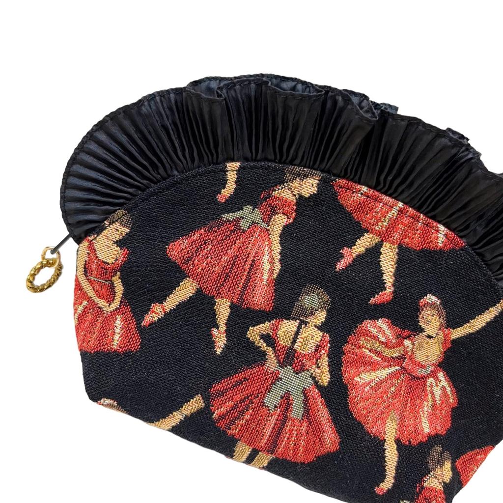 Frilled Made in Japan Ballerina Pouch, Gobelin, - - (Black Ballerina/Red Dress) "Belle Blanche"