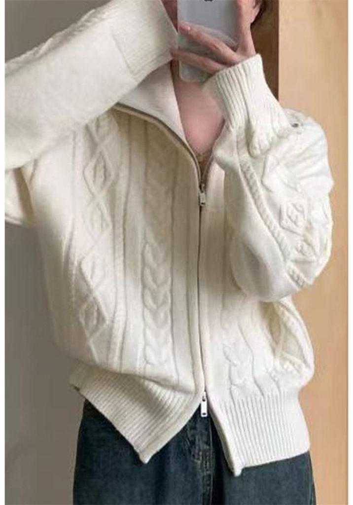 Autumn/Winter 2026 Women's Double Zipper Stand Collar Cable Knit Cardigan Jacket
