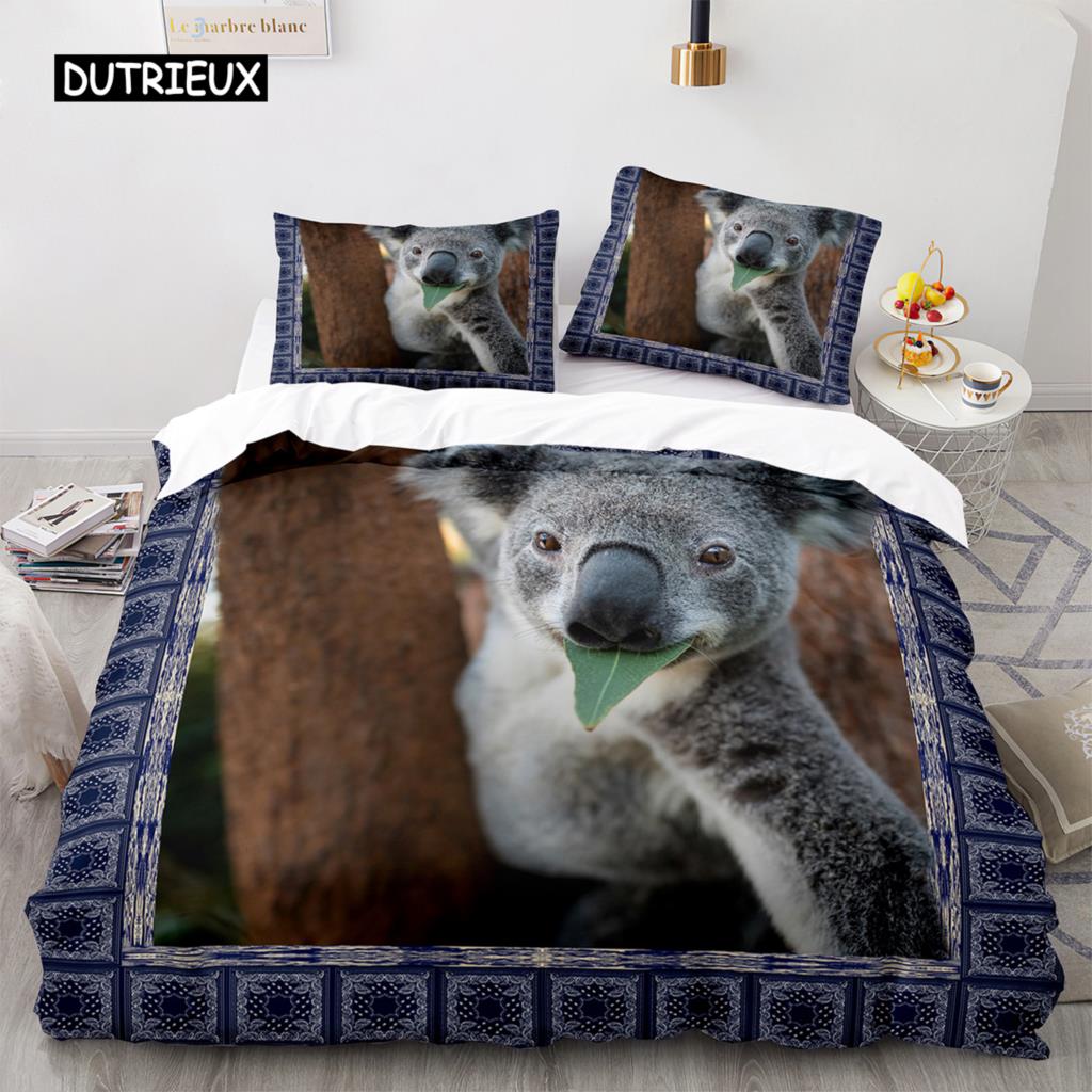 Koala Duvet Cover Set Microfiber Australia Animal Comforter Cover Queen for Kids Boy Girl Funny Lovely Koala On Tree Bedding Set
