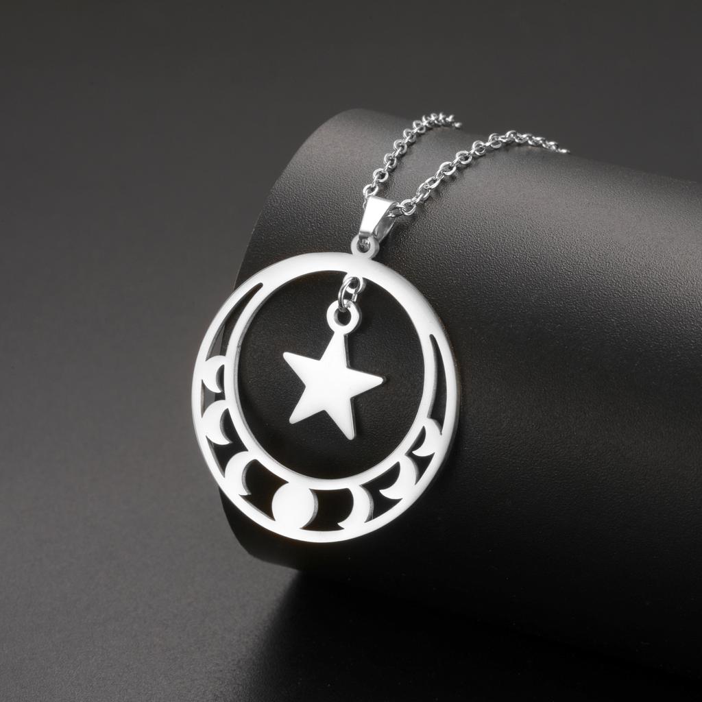 Teamer Star Moon Phase Round Pendant Necklace Women Girls Stainless Steel Party Jewelry No Rust Birthday Gift