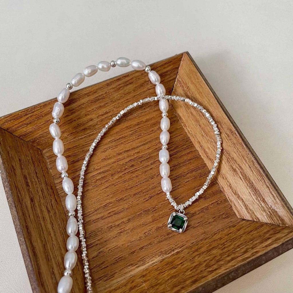 Yinruitai Sterling Silver Emerald Gemstone & Freshwater Pearl Necklace