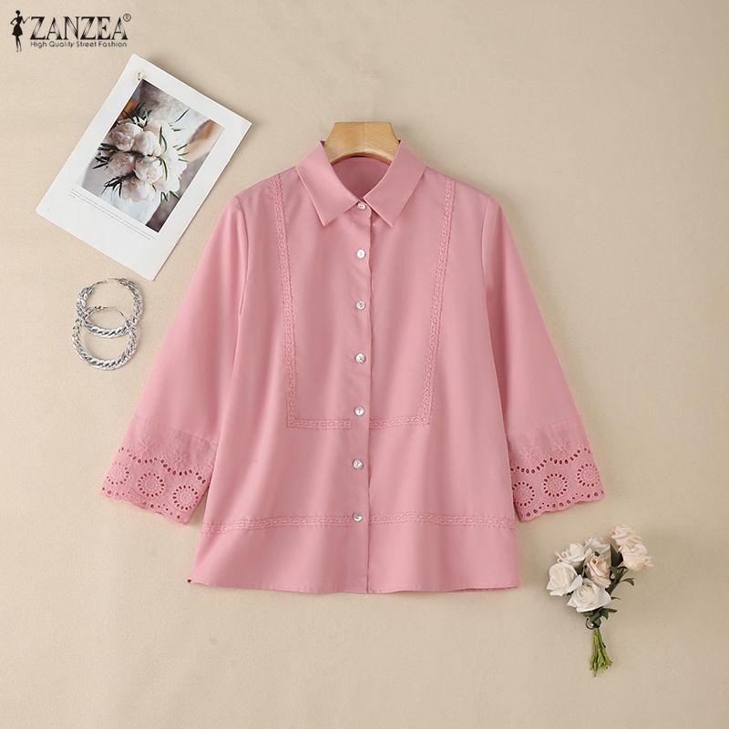 ZANZEA Women Casual Turn Down Collar Loose 3/4 Sleeve Splice Blouse