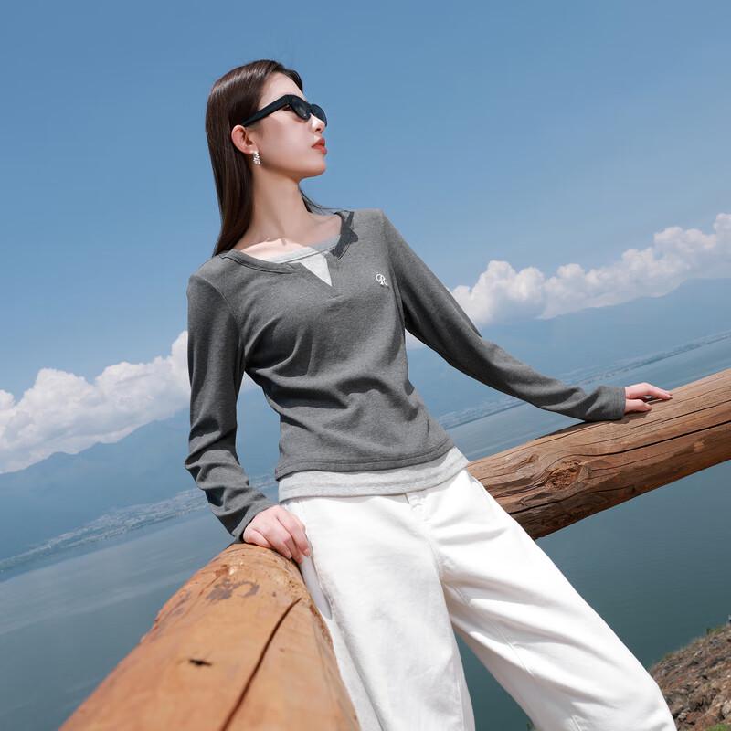 

Женская футболка большого размера с вышивкой, имитация двух частей, V-образный вырез, длинный рукав, три цвета 3XL