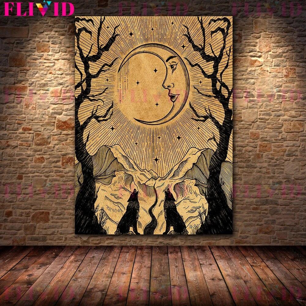 Abstrakcyjna sztuka ścienna czarownicy słońce i księżycowa ćma czarna czarownica wróżka druk artystyczny astrologia mistyczne dzieła sztuki plakat i druki bez ramki
