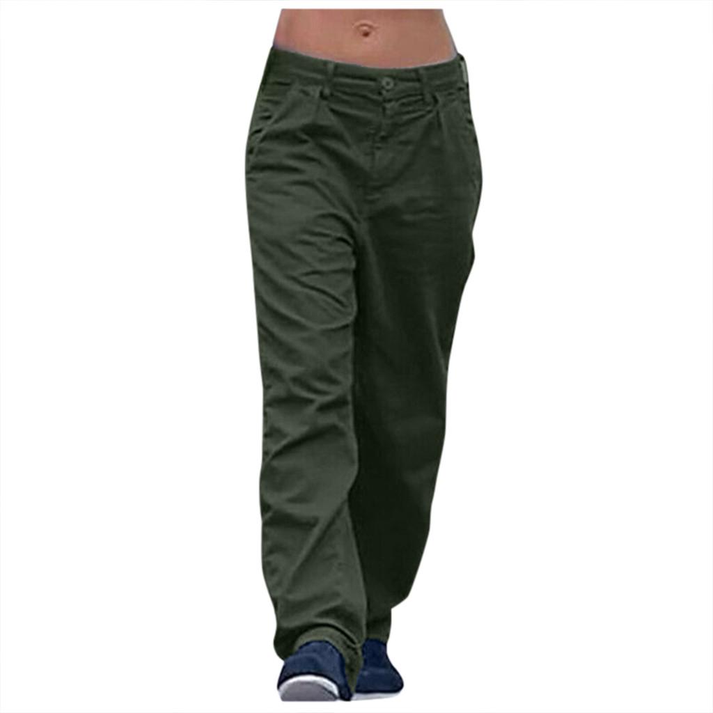 Women Casual Solid Cargo Pant Pocket Elastic Waist Loose Pant