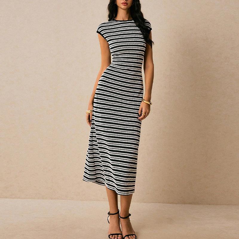 Women's Crew Neck Cap Sleeve Midi Dress Slim Fit High Waist Striped Knit Pencil Dress