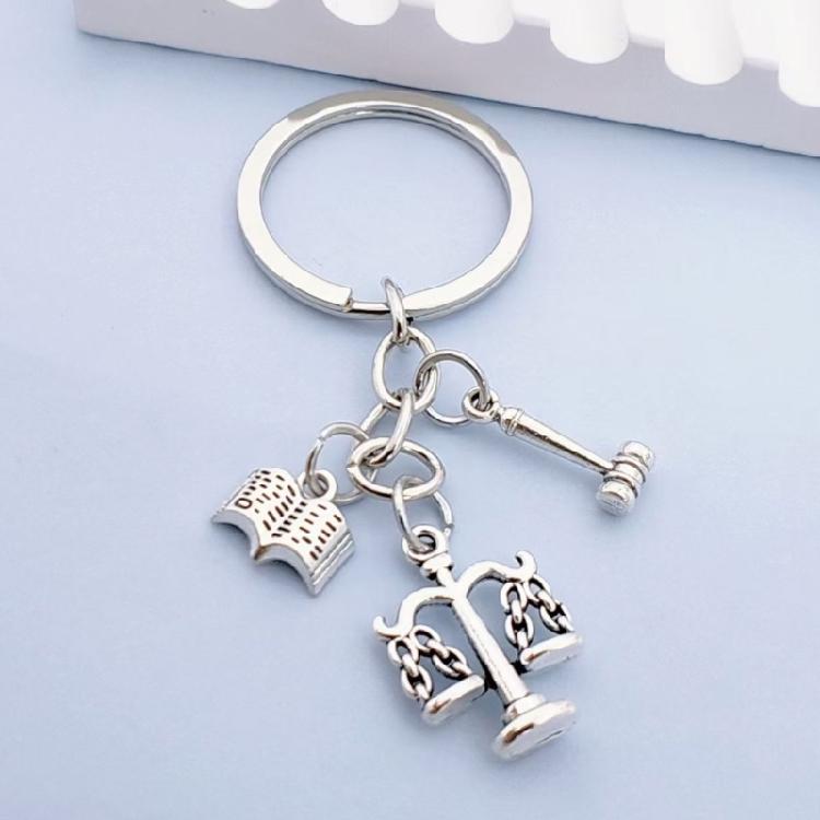 Decorative Keychain Charm for Legal Theme Carry, Silver Tone Scale Gavel Book Pendants on Zinc Alloy Key Ring for Daily Keys, Bags, and Desk