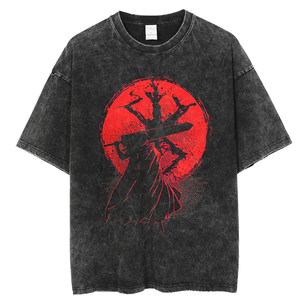Vintage Washed Berserk TShirt for Men Women Retro Anime Skull Graphic Tees Oversized Streetwear Cotton Short Sleeve T Shirts